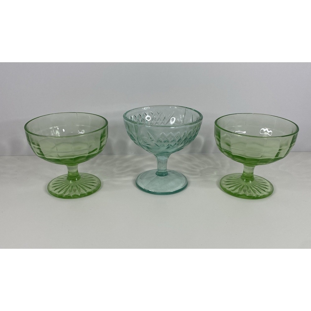 Set/3 Vintage 1930s Anchor Hocking Green Sherbet Dishes Uranium and Vaseline